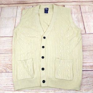 John Blair Men Cable Knit Sleeveless Sweater Vest Button Front 2 Pockets Cream L